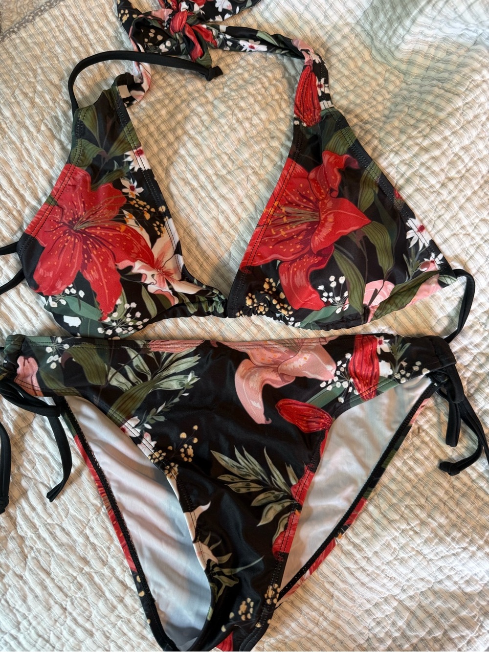 Floral Black Red String Bikini Set